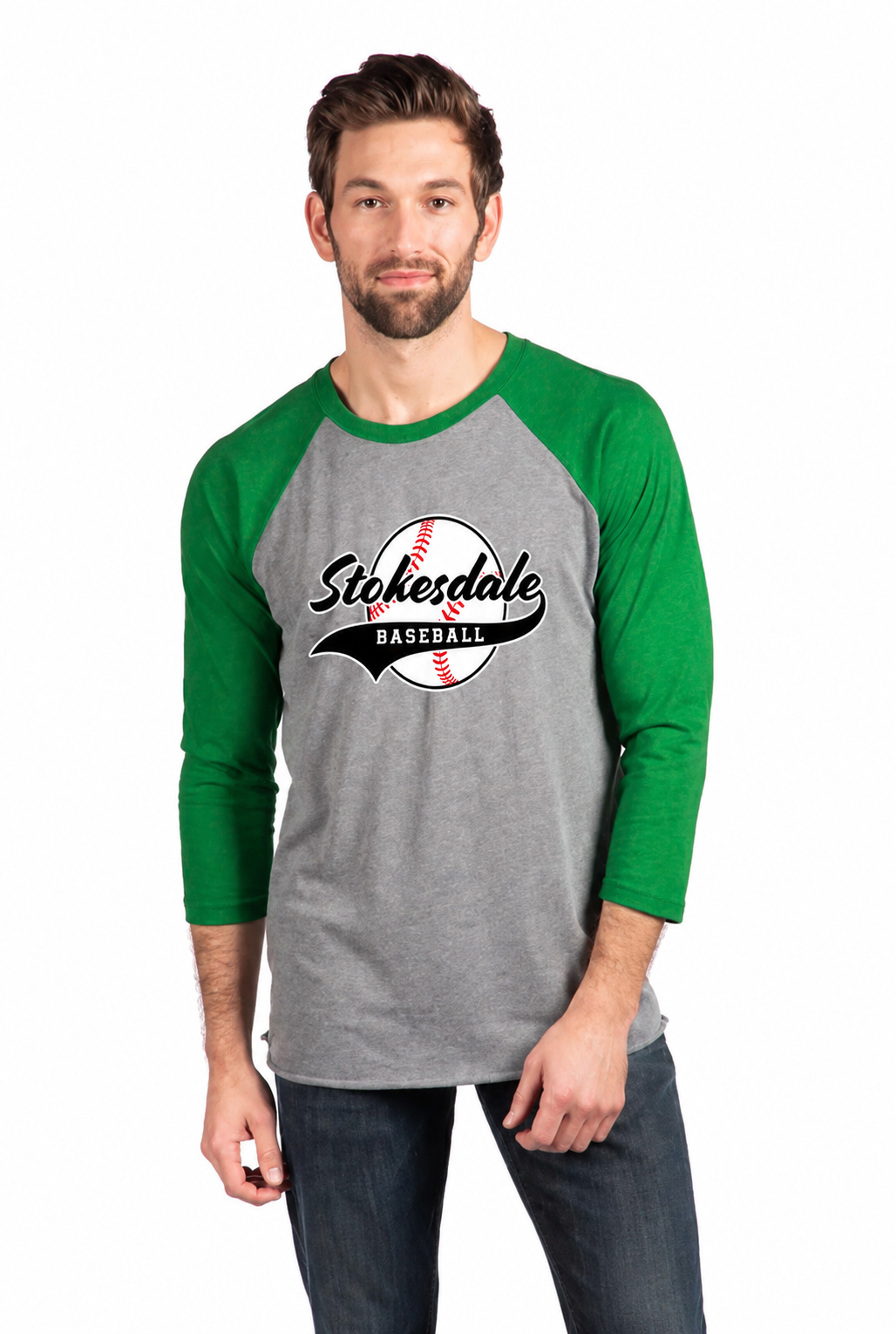 Stokesdale Baseball 3/4 Sleeve T-Shirt — Envy Green/Premium Heather (front)