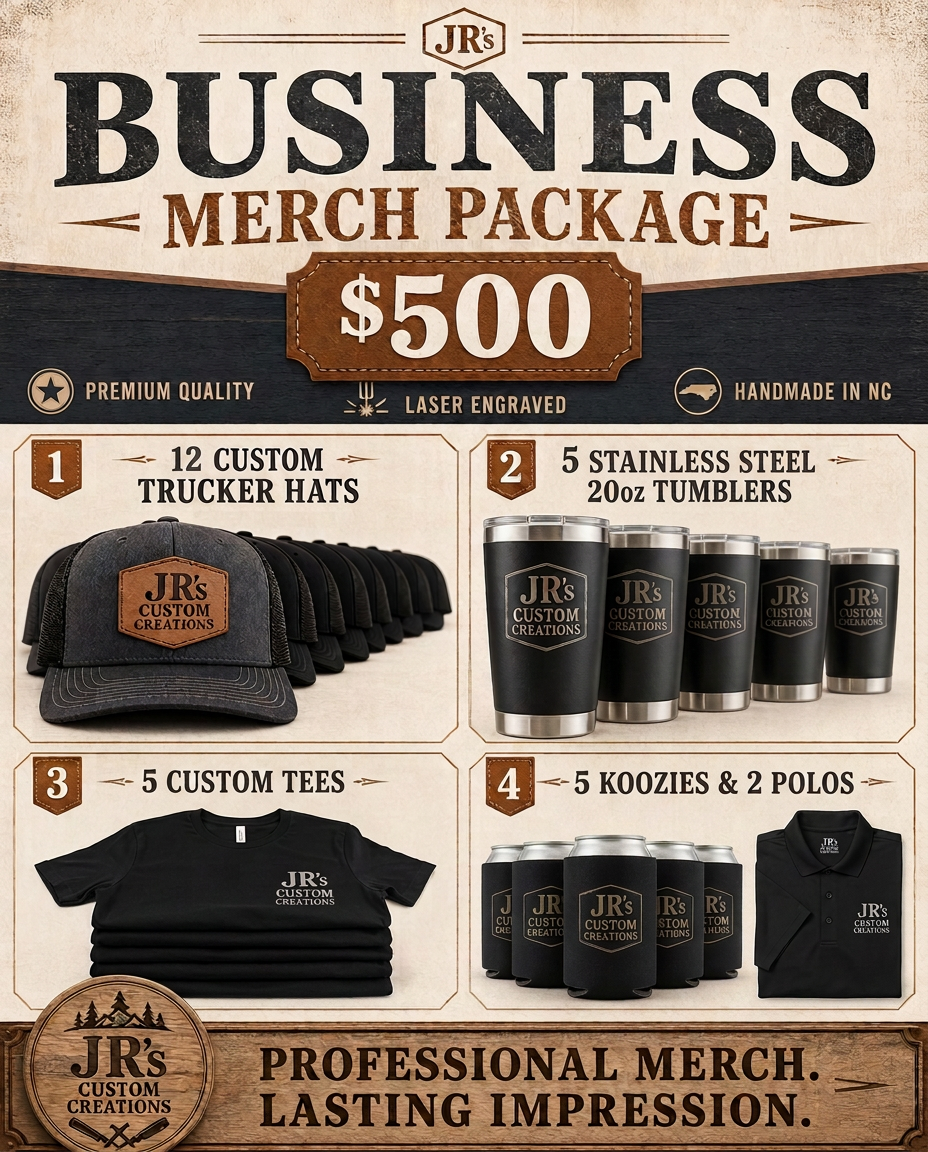 Business Merch Package — 12 Hats · 5 Tumblers · 5 Koozies · 5 Tees · 2 Polos