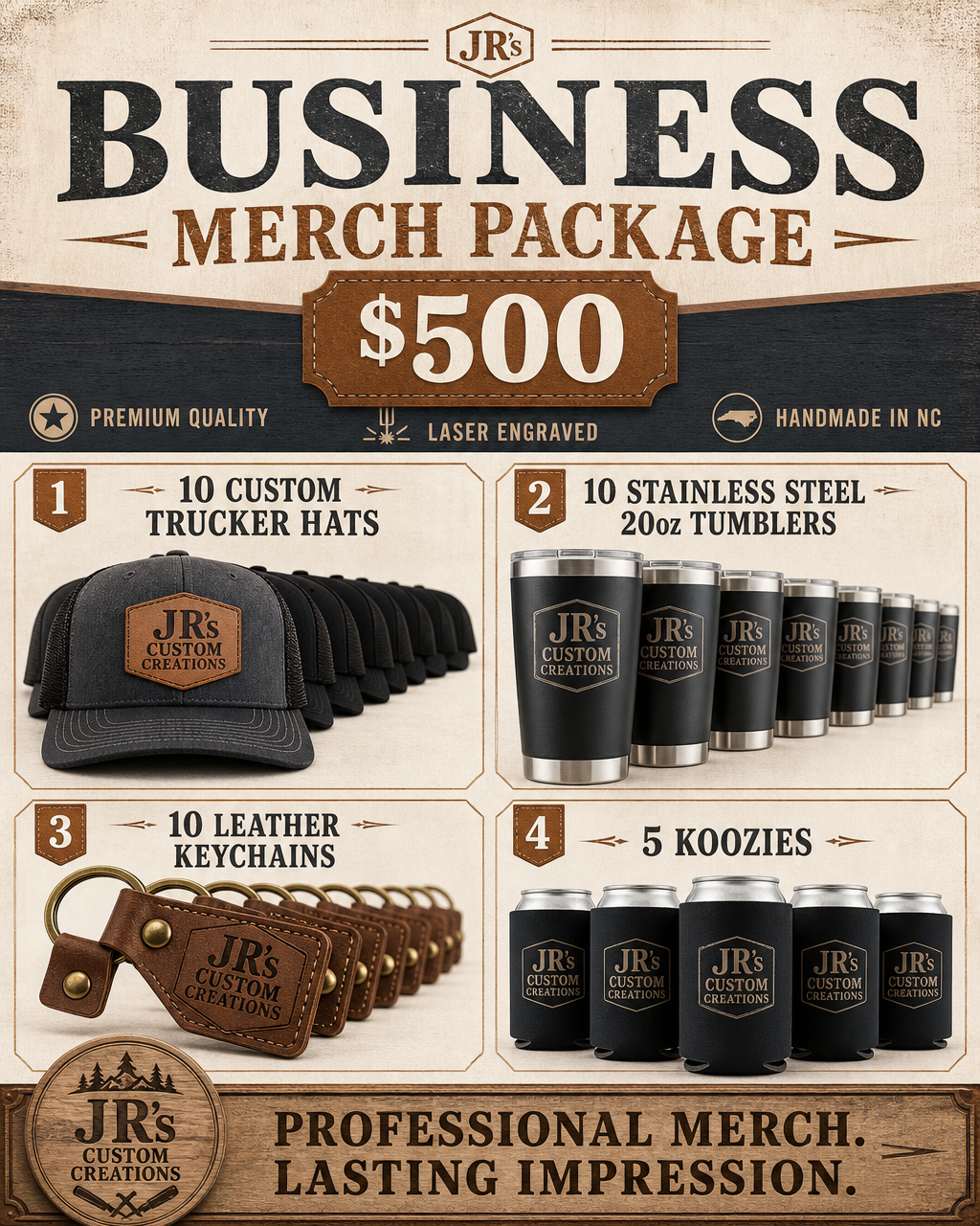 Business Merch Package — 10 Hats · 10 Tumblers · 10 Keychains · 5 Koozies